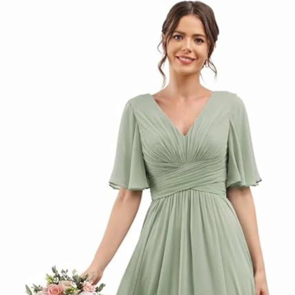 Flutter Sleeves V-Neck Bridesmaid Dresses with Slit Long A-Line Chiffon For